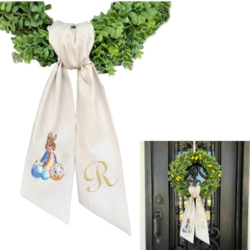 Rabbit Easter Wreath Bow Custom Embroidered Monogram Spring Bunny Wreath Sash for Front Door Hand Tailored Easter Decorations Spring Bows for Wreaths (R) - color: R