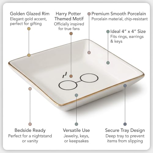 Simply Charmed Porcelain Jewelry Ring Holder Tray – Harry Potter Gift, Porcelain Trinket Dish, 4"x4" White with Golden Glaze, Jewelry Organizer - style: Wizard