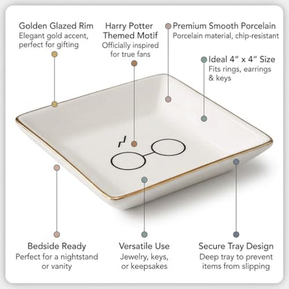Simply Charmed Porcelain Jewelry Ring Holder Tray – Harry Potter Gift, Porcelain Trinket Dish, 4"x4" White with Golden Glaze, Jewelry Organizer - style: Wizard