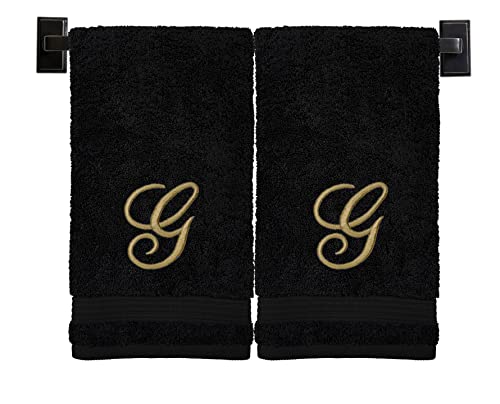 Black Hand Towels for Bathroom - Monogrammed | Luxury Cotton Turkish Towels | Embroidered in USA | Set of 2 | Choose Set Color and Letter | A - Z | Script Font - color: Black