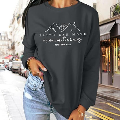 Pairxily Christian Sweatshirts for Women Faith Can Move Mountains Sweatshirt Bible Verse Religious Long Sleeve Crewneck Tops - color: Deep Gray, size: Small