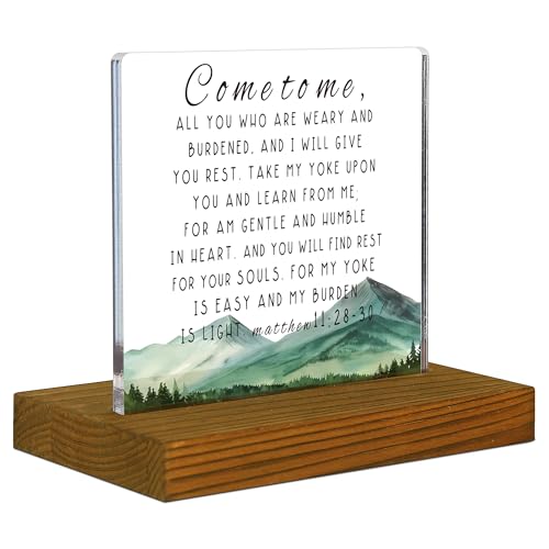 Come to Me All You Who are Weary and Burdened, Matthew 11:28-30 Sign, Bible Verse Sign, Scripture Plaque, Housewarming, Christian Plaque, Acrylic Desk Decor Sign with Wood Stand - FSA054 - style: Matthew 11:28-30