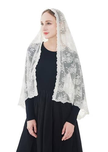Wgior Catholic Chapel Veil – Floral Mantilla Head Covering for Church, Prayer, and Modesty – Soft Rectangular Shawl - color: White