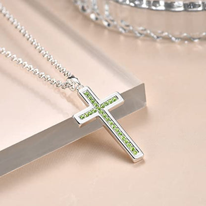 Baptism Cross Necklace for Women,First Communion Cross Necklaces Jewelry Gifts for Women - color: Birthstone 08-August-P Green