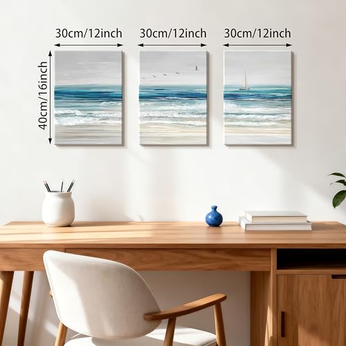 WENGTIAO 3Pcs Abstract Blue Beach Ocean Canvas Wall Art Paintings 12"x16" - color: Abstract Blue Ocean, size: 12"x16"x3Pcs