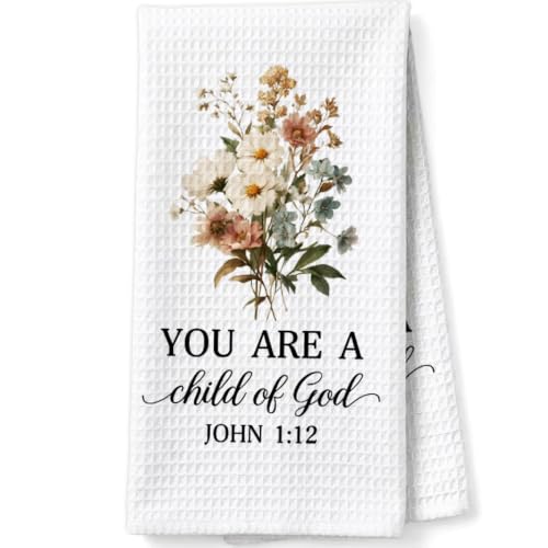 Christian Scripture Gifts Decorative Towels for Women Hostess Faith Prayer, Bible Verse Gifts Waffle Weave Kitchen Towels, You are A Child of God John 1:12 - color: Yellow
