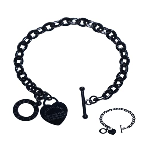Heart Charm Bracelet Plated 18K Gold/Silver/Rose Gold Bible Scripture Heart Bracelet for Women Jewelry Gift Her Link Chain OT Clasp Stainless Steel - color: Black（7.1 inch）