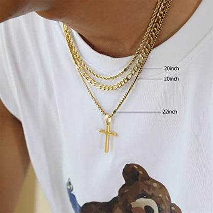 3Pcs Set Cross Necklace for Men, Mens Cross Necklace Cross Chain Layered Stainless Steel Rope Figaro Chains for Women Boys Gold Silver Black (20inch/22inch) - color: Gold