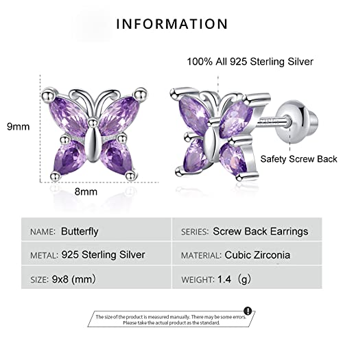 Butterfly Ladybug Unicorn Sloth Flamingo Dog Cat Turtle Angel Koala Daisy Panda Stud Earrings for Girls Women - Sterling Silver Hypoallergenic Animal Earrings with Secure Screw Backs - color: A1-Purple Butterfly