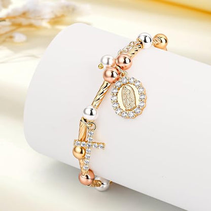 Rosary Cross Bracelet for Women, Gold Virgin Mary Rosary Beads Catholic Bracelet - style: multicolor beads