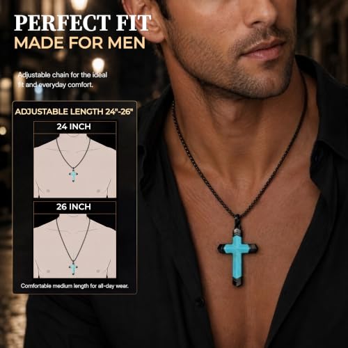 Lapis Lazuli/Amethyst Cross Necklace for Men Waterproof and Sweat-Resistant Suitable for both men and women With Adjustable Box Chain Christian Jewelry Father Day Gifts for Men - color: Black&Sky Blue
