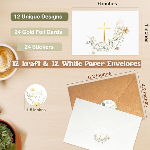 24 Pack Religious Blank Cards with Envelopes & Stickers, 4 x 6 in Watercolor Gold Foil Cross Cards Blank Inside for Baptism, First Communion, Confirmations, Wedding, Baby Shower(12 Designs)
