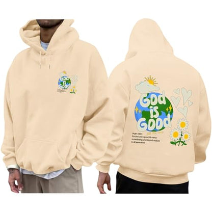 Christian Jesus Hoodies for Men God is Good Bible Verse Sweatshirt Inspirational Graphic Flower Religious Hoodie(Apricot,L)