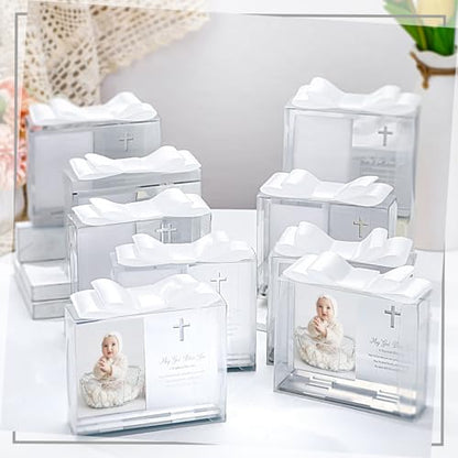 Vercraft 24 Set Baptism Picture Frame 3.5 x 5 Acrylic Baby Shower Baptism Favor Christening Gifts for Boy Girl with Plastic Crystal Boxes and Satin Ribbon Bows for Religious First Communion(White) - color: White