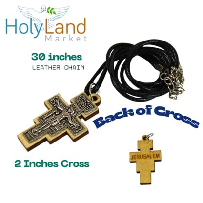 Holy Land Market San Damiano Olive Wood Cross Necklace – 2" Hand-Carved Pendant with Embedded Pewter Crucifix – 30" Leather Cord with Extender – Made in Bethlehem