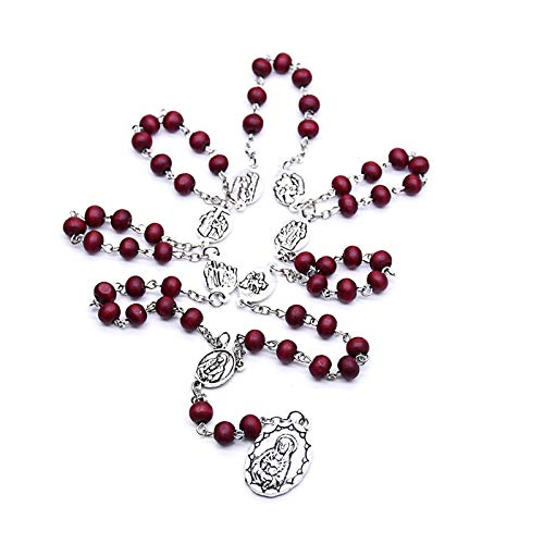 Handmade Wooden Resin Crucifix Rosary Beads Chain Pendant Necklace Colorful Love Heart Catholic Cross Virgin Mary Jesus Necklace for Women Men Religious Lord Praying Jewelry Gift - color: C red