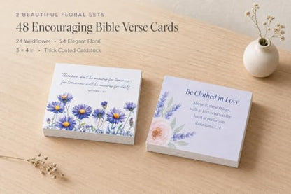 48 Encouraging Scripture Verse Cards with Walnut Wood Stand – 2 Unique Sets: Watercolor Wildflowers + Elegant Floral Design – Christian Desktop Bible Verse Affirmations for Daily Inspiration & Gifting