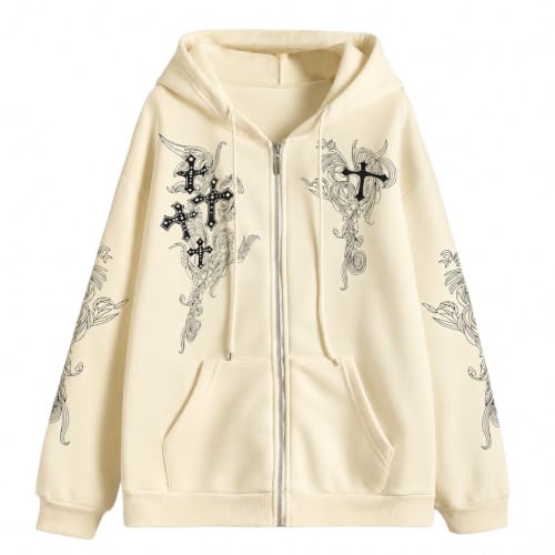 Zip Up Hoodies Y2k Jacket Graphic Gothic Jackets Grunge Cross Hoodie Baggy Streetwear Emo Sweater Aesthetic Clothes - color: Apricot, size: Large