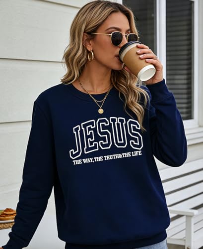 PANOZON Jesus Sweatshirt Faith Hoodie Christian Religious God Tops Man Woman Pullover Crewneck Longsleeve - color: 3-navy, size: XX-Large