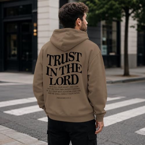 Wrenpies Trust In The Lord Christian Hoodie for Men Jesus God Faith Religious Bible Verse Hoodies Graphic Fleece Sweatshirt - color: Coffee, size: X-Large