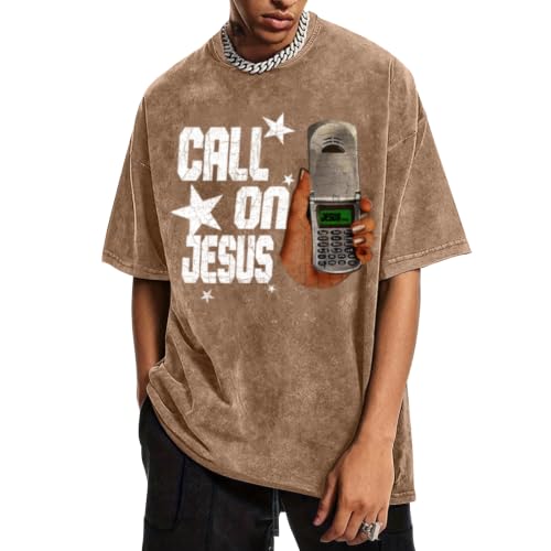 Christian Call On Jesus Shirts for Men Funny Graphic Tees Oversized Religious Shirt Jesus Faith Acid Wash Tshirt - color: Coffee, size: Small