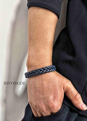 Handmade Braided Leather Bracelet, Black Stainless Steel Clasp, Mens, Cool Classic Stylish - color: Dark Blue