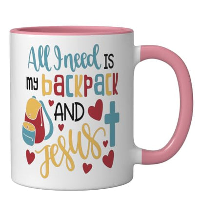 All I Need Is My Backpack and Jesus School Christian Kids Ceramic Mug, Pink/White - color: Pink/White, size: 11 Ounces