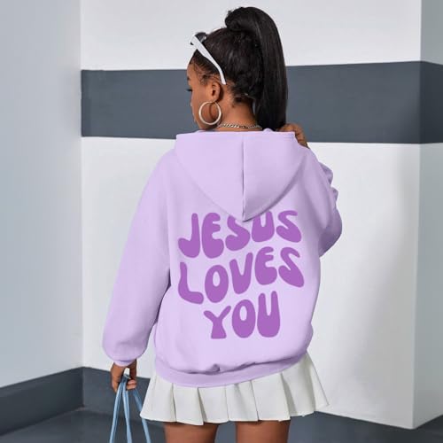 Christian Jesus Loves You Hoodie For Teen Girls Cute Graphic Hoodies Kids Bible Verse Faith Sweatshirt God Pullover - color: Light Purple, size: 9-10 Years