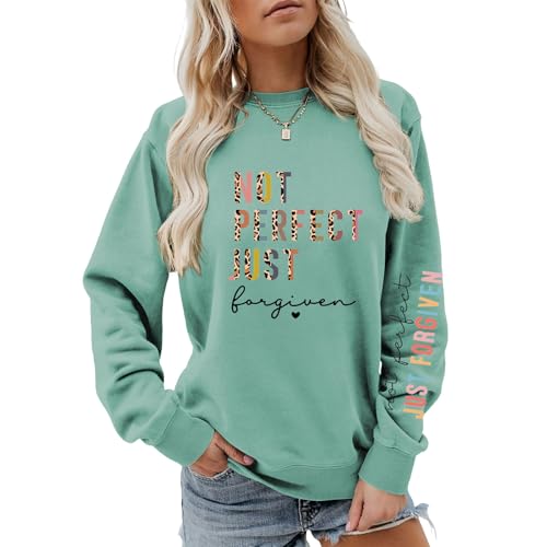 Not Perfect Just Forgiven Christian Crewneck Sweatshirts For Women - color: Light Green, size: Large