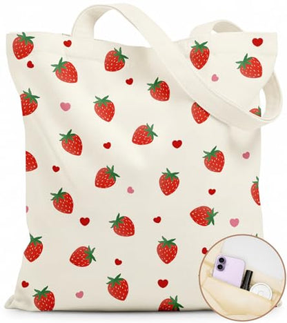 Canvas Tote Bag for Women with Zipper Cute - color: Strawberry