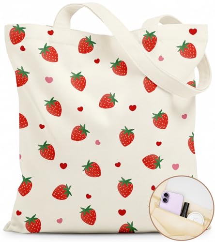 Canvas Tote Bag for Women with Zipper Cute - color: Strawberry