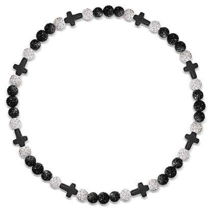 Beaded Baseball Necklace | Adjustable Sports Rope Chain with Baseball Cross Charm - Great Baseball Drip Gift for Players and Fans - color: Black-White-Blk