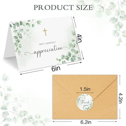 25 Pack Funeral Thank You Cards, Watercolor Eucalyptus Leaves Design - color: Green