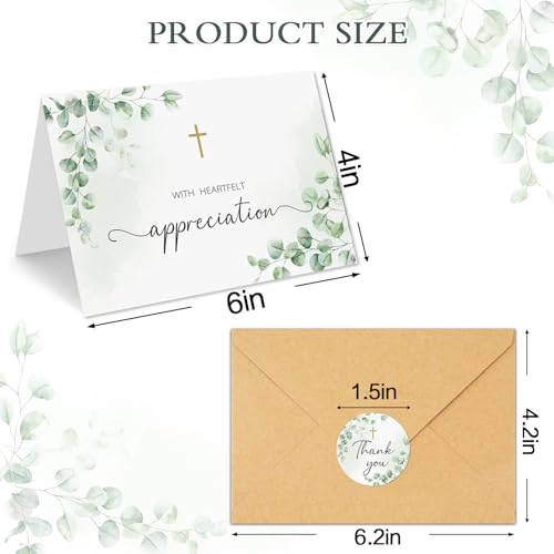 50 Funeral Thank You Cards with Envelopes, Eucalyptus Leaves Design - color: Light Green