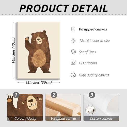 Nursery Wall Art Baby Canvas Pictures Bear Wall Decor Boys Room Prints Kids Poster Cute Animal Theme Pictures Woodland Bear Painting Neutral Children Artwork for Bedroom 12x16 Inch Ready to Hang - color: Bear Wall Art, size: 12''x16'' Wrapped Canvas