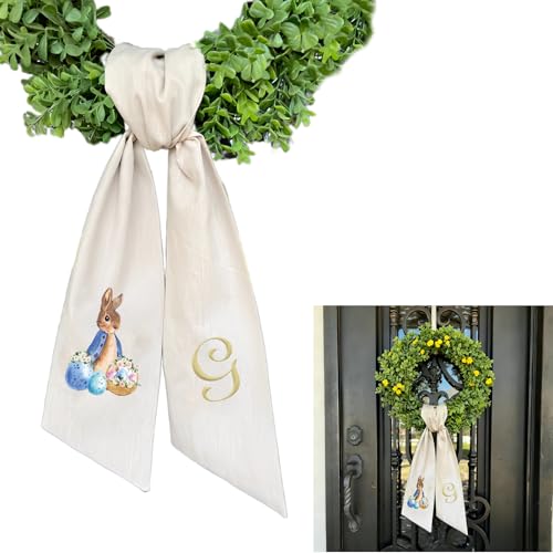 Rabbit Easter Wreath Bow Custom Embroidered Monogram Spring Bunny Wreath Sash for Front Door Hand Tailored Easter Decorations Spring Bows for Wreaths (G) - color: G
