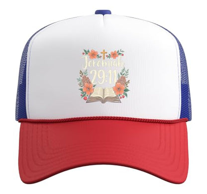 Jeremiah 29:11 Bible Verse Flowers Christian Faith Women Trucker Hat with Adjustable Mesh Back - color: Red/White/Royal Blue