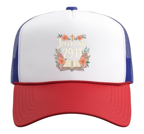 Jeremiah 29:11 Bible Verse Flowers Christian Faith Women Trucker Hat with Adjustable Mesh Back - color: Red/White/Royal Blue