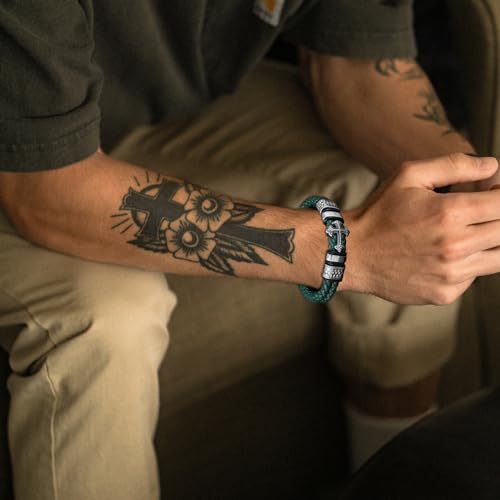 Mens Christian Cross Double Row Leather Bracelet, Religious Braided Cuff Bracelet for Men - color: Green, size: 8.1 inches