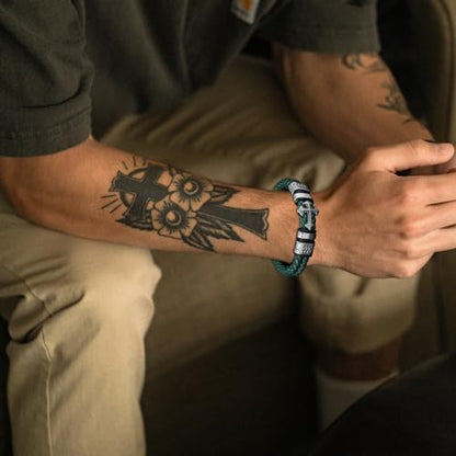 Mens Christian Cross Double Row Leather Bracelet, Religious Braided Cuff Bracelet for Men - color: Green, size: 8.5 inches