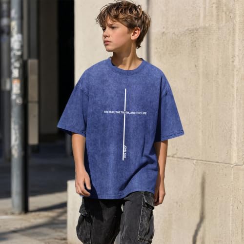 Boys Christian Shirts for Kids Jesus God Bible Verse Religious Faith T Shirt Youth Acid Wash Cross Graphic Tees Tops - color: Blue, size: 7-8 Years