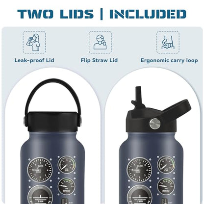 25oz Pilot Water Bottle with 2 Lid - Pilot Stainless Steel Insulated Water Bottles with Straw Lid, BPA-free Leakproof Insulated Reusable Sports Waters Bottle for Office Travel, Gifts Cup for Pilots - color: Pilot