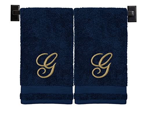 Blue Hand Towels for Bathroom - Monogrammed | Luxury Cotton Turkish Towels | Embroidered in USA | Set of 2 | Choose Set Color and Letter | A - Z | Script Font - color: Blue