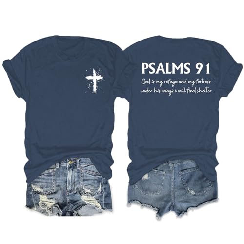 Christian Shirts for Women Psalms 91 Jesus Shirt Religious Faith God Tshirt Bible Verse Inspirational Tees Tops - color: Navy Blue, size: Large