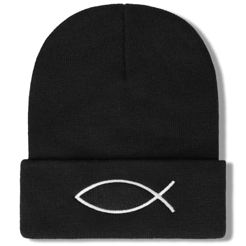 Christian Jesus Fish Beanie Hat for Men Women, Cuffed Beanie Jesus Hats, Religious Gifts for Christmas, New Years - color: Black, style: Fish