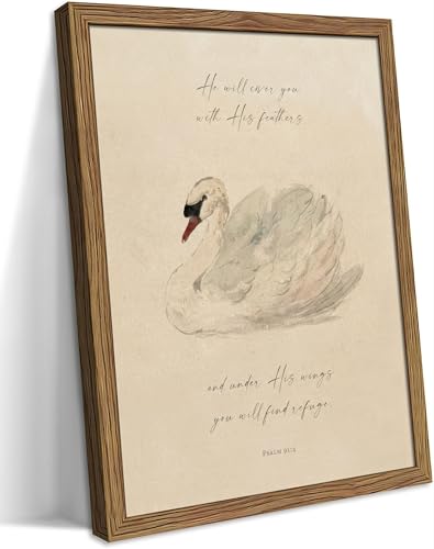 Wood Framed Psalm 91 4 Wall Art Christian Swan Picture Wall Decor 16x12 in - color: Psalm 91:4, size: 16"L x 12"W