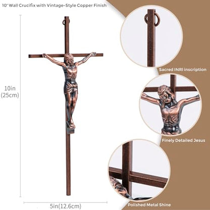 ACHIBANG 10" Crucifix Wall Cross – Antique Copper Catholic Jesus Wall Crucifix for Home or Over-the-Door Blessing - color: Antique Copper