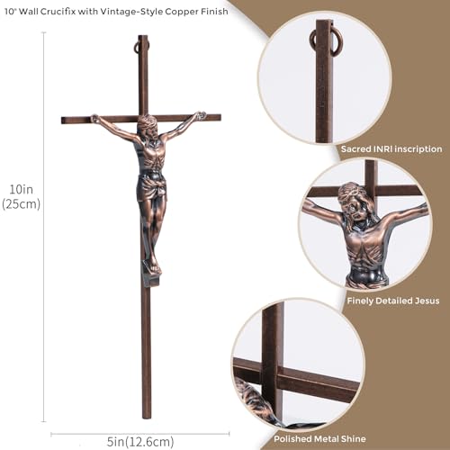 ACHIBANG 10" Crucifix Wall Cross – Antique Copper Catholic Jesus Wall Crucifix for Home or Over-the-Door Blessing - color: Antique Copper