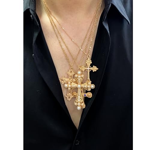 Layered Cross Necklace Silver Set for Women, 4-Piece Chunky Pearl Cross Stack Christian Necklaces, Adjustable Vintage Long Y Boho Gothic Statement Jewelry Gift - style: Gold 1-4Pcs