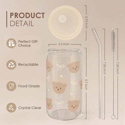 SANDJEST Bear Glass Can, Iced Coffee Aesthetic Cup, Gift for Christmas Birthday, Gifts for Women Girls, 16oz - color: Bear